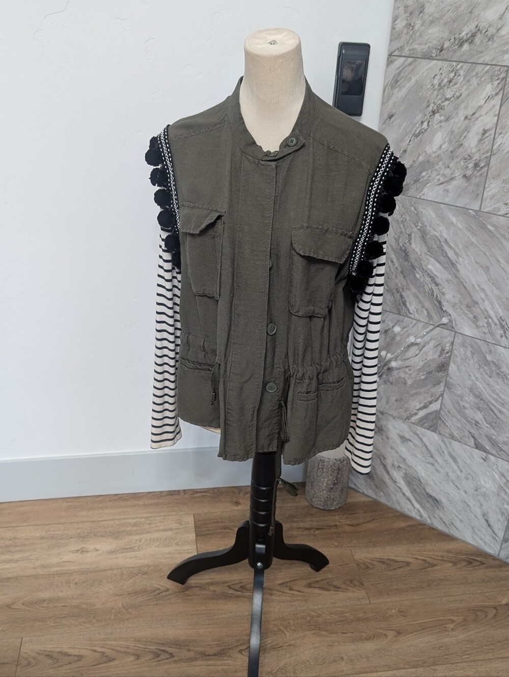 Who What Wear Olive Utility Vest with Black Pom Trim